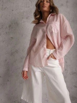 Różowa Koszula Oversize z Tencelu w Paski z Haftowanym Wzorem Tidore