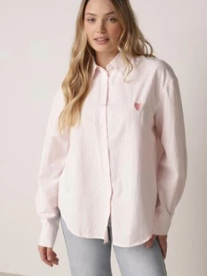 Różowa Koszula z Bawełną w Paski Ozdobiona Haftem Sercem Sewriva