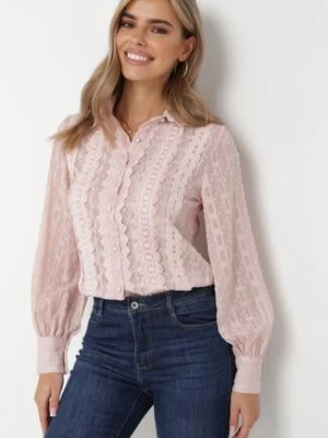 Różowa Koszula z Siateczki Zdobionej Ażurowymi Wstawkami i Metaliczną Nitką Fayne elsa.m by may