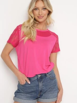 Różowa Koszulka T-shirt z Wiskozy z Krótkim Rękawem i Koronką Relliara metro five