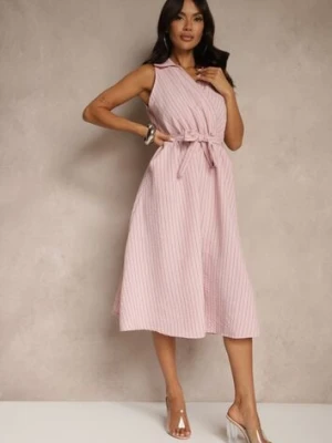 Różowa Koszulowa Sukienka Bez Rękawów z Wiązanym Paskiem Lideene new collection
