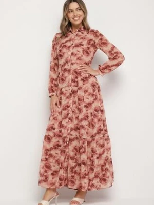 Różowa Koszulowa Sukienka Maxi z Falbanką Mersa rosa