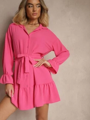 Różowa Koszulowa Sukienka Mini z Falbanką i Wiązanym Paskiem Blisotta j studio