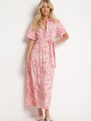 Różowa Koszulowa Sukienka w Kwiaty Zapinana na Guziki z Materiałowym Paskiem Eseria retro & icone