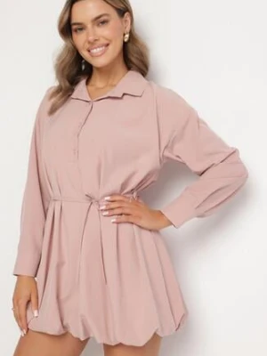 Różowa Koszulowa Sukienka w Stylu Bombki z Paskiem Lavilorae lovery