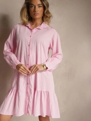 Różowa Koszulowa Sukienka z Wiskozą Zakończona Falbanką Tirzedi j studio