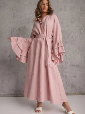 Różowa Koszulowa Sukienka z Wiskozy Ozdobiona Paskiem i Falbanami Tinethra bisou's project