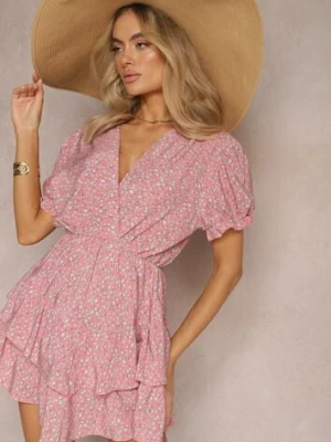 Różowa Krótka Sukienka Letnia z Gumką w Talii i Falbankami Jasimra sweet&girl
