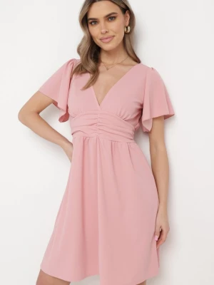Różowa Krótka Sukienka z Luźnym Rękawem i Gumką w Talii Bainasa New Collection