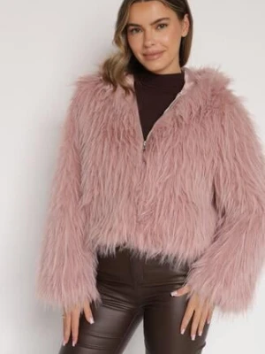 Różowa Kurtka Futerko na Suwak z Kapturem Zetale