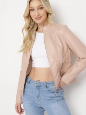 Różowa Kurtka Ramoneska Ekoskóry z Kieszeniami na Suwaki Leobia metro five