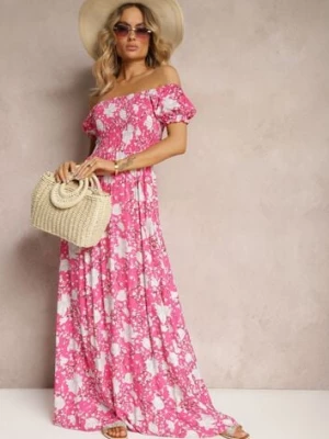 Różowa Kwiecista Sukienka o Rozkloszowanym Kroju z Marszczoną Górą Eliseria wei wei