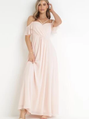 Różowa Maxi Sukienka o Rozkloszowanym Fasonie na Cienkich Skrzyżowanych Ramiączkach Hendina
