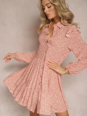 Różowa Mini Sukienka o Rozkloszowanym Kroju w Kwiaty z Falbankami Limrena r&f fashion