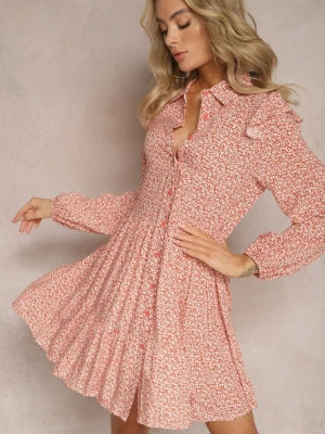 Różowa Mini Sukienka o Rozkloszowanym Kroju w Kwiaty z Falbankami Limrena R&f Fashion