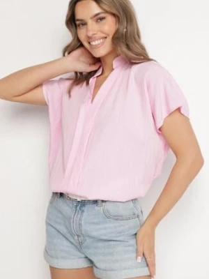 Różowa Nietoperzowa Bluzka Oversize z Wiskozą z Dekoltem w Serek Davilisa new collection