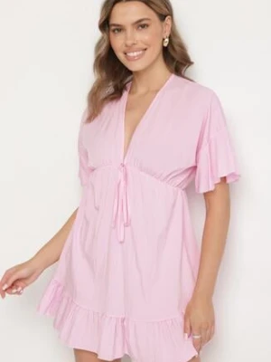 Różowa Nietoperzowa Sukienka z Wiskozą o Rozkloszowanym Kroju z Falbanką Tullimi new collection