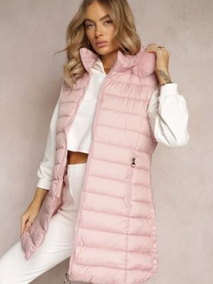 Różowa Pikowana Kamizelka z Kapturem Ozdobionym Sztucznym Futerkiem i Kieszeniami Derimeve