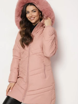Różowa Pikowana Kurtka z Odpinanym Kapturem Ocieplana Futrem Jackilaine New Collection