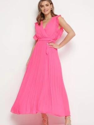 Różowa Plisowana Sukienka Maxi Wiskozowa z Kopertowym Dekoltem i Falbankami Glimes