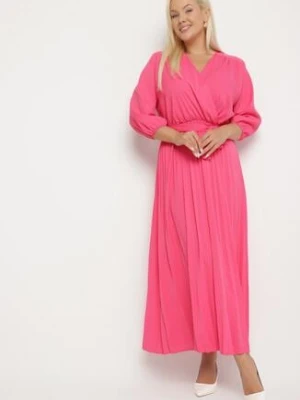 Różowa Plisowana Sukienka Maxi z Kopertowym Dekoltem i Wiązaniem w Talii Lariah