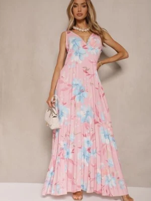 Różowa Plisowana Sukienka o Rozkloszowanym Fasonie na Szerokich Ramiączkach Nitanela lovery