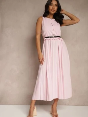 Różowa Plisowana Sukienka o Rozkloszowanym Kroju Bez Rękawów z Paskiem z Klamrą Iffule lovery