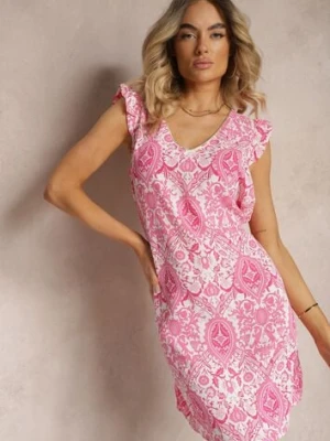 Różowa Pudełkowa Sukienka Mini w Kwiaty z Falbankami i Dodatkowym Paskiem Jozelin