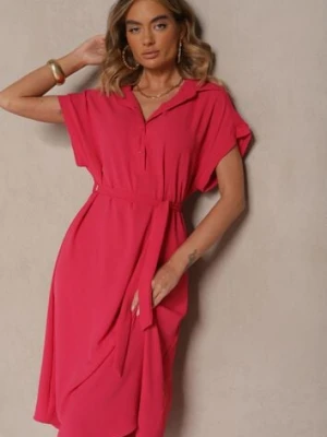 Różowa Pudełkowa Sukienka z Bawełną i Paskiem Savorienne j&x