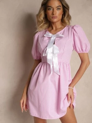 Różowa Retro Sukienka w Kratkę Vichy o Rozkloszowanym Kroju z Wiązaniem Temarea lovery