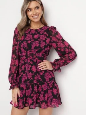 Różowa Rozkloszowana Mini Sukienka w Kwiaty Ozdobiona Falbankami Jumiza retro & icone