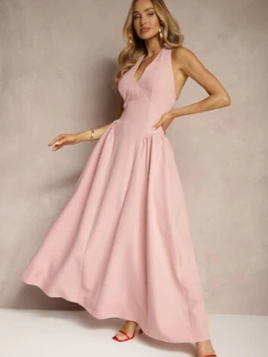 Różowa Rozkloszowana Sukienka Halter z Wiązaniem i Odkrytymi Plecami Senicce allyson