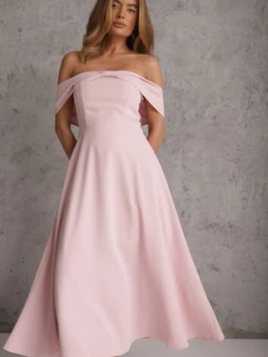 Różowa Rozkloszowana Sukienka Koktajlowa VICES z Hiszpańskim Dekoltem Neamerianne