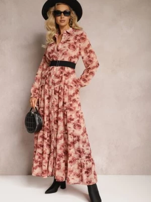 Różowa Rozkloszowana Sukienka Koszulowa Maxi w Kwiaty Nersa
