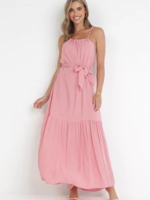 Różowa Rozkloszowana Sukienka Maxi na Ramiączkach Awlia
