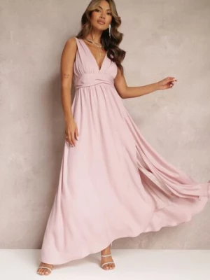 Różowa Rozkloszowana Sukienka Maxi na Ramiączkach z Rozcięciem Ernames