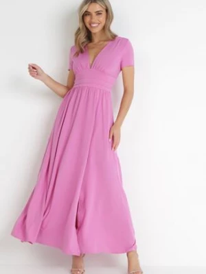 Różowa Rozkloszowana Sukienka Maxi z Głębokim Dekoltem z Rozcięciem Wyla