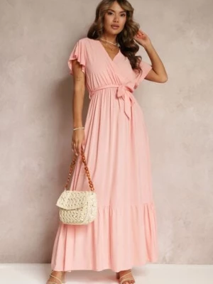 Różowa Rozkloszowana Sukienka Maxi z Gumką w Talii i Falbankami Tracia h&s