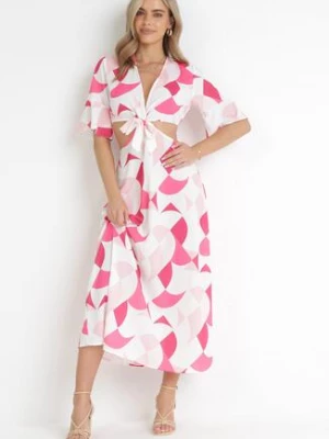 Różowa Rozkloszowana Sukienka Maxi z Kopertowym Dekoltem z Ozdobnym Wiązaniem Hanie
