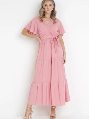 Różowa Rozkloszowana Sukienka Maxi z Wiązanym Paskiem Japhelia