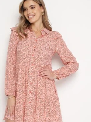 Różowa Rozkloszowana Sukienka Mini w Kwiaty z Falbankami na Ramionach Lorean r&f fashion