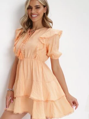 Pomarańczowa Rozkloszowana Sukienka Mini z Gumką w Talii i Koronkowymi Wstawkami Kiva