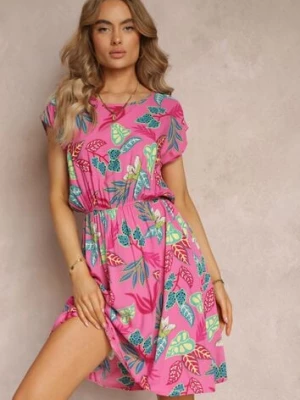Różowa Rozkloszowana Sukienka Mini z Gumką w Talii z Wiskozy w Kwiaty Miola j&x