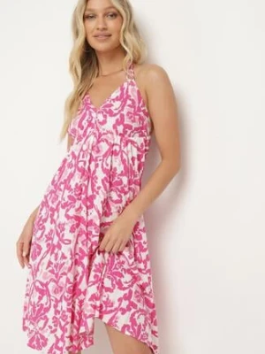 Różowa Rozkloszowana Sukienka na Ramiączkach Wiązana na Szyi z Dekoltem w Serek Beviana rosita