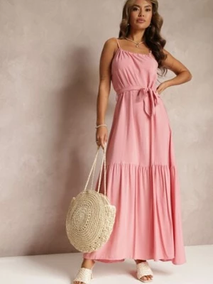 Różowa Rozkloszowana Sukienka na Ramiączkach z Wiązanym Paskiem Diadite cflo