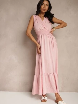 Różowa Rozkloszowana Sukienka o Kopertowym Fasonie z Gumką w Talii Filadira j&x