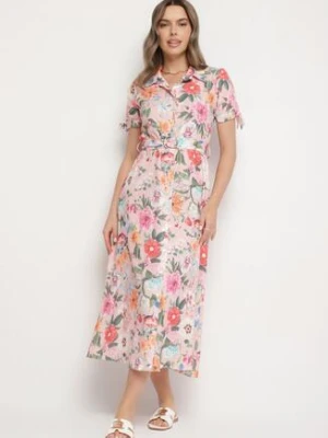 Różowa Rozkloszowana Sukienka o Koszulowym Kroju z Paskiem w Kwiatowy Wzór Fevelorine lovery