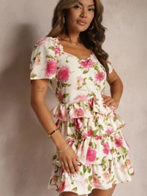 Beżowo-Różowa Rozkloszowana Sukienka Ozdobiona Falbanami i Bufkami Doragia retro & icone