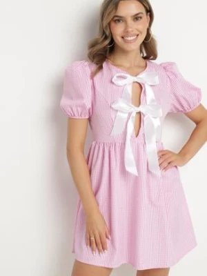 Różowa Rozkloszowana Sukienka w Kratkę Vichy w Stylu Retro z Wiązaniem Telionea lovery