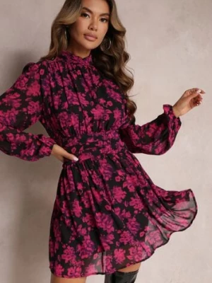 Różowa Rozkloszowana Sukienka w Kwiaty z Gumką w Pasie Jonerda retro & icone